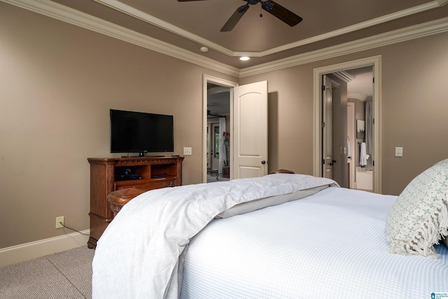 bedroom featuring carpet flooring, baseboards, ornamental molding, and recessed lighting