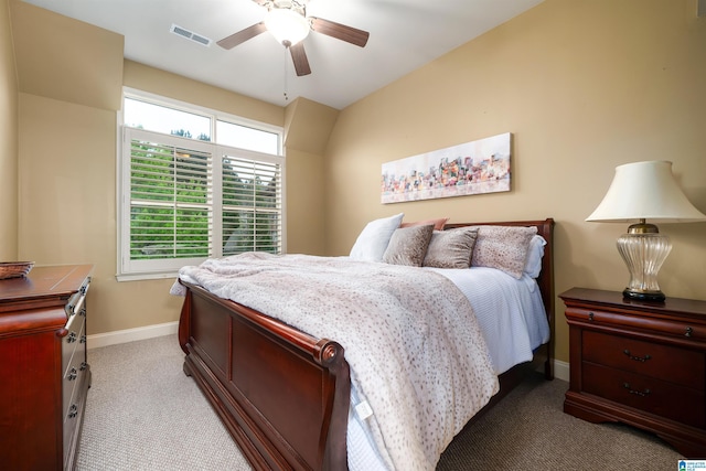 bedroom with visible vents, baseboards, a ceiling fan, and carpet floors