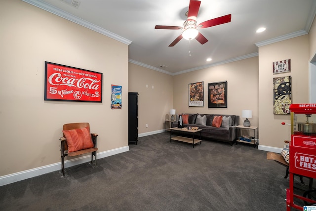 living area featuring dark colored carpet, baseboards, a ceiling fan, and ornamental molding