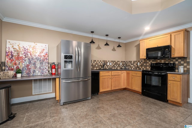 kitchen with ornamental molding, backsplash, dark countertops, visible vents, and black appliances