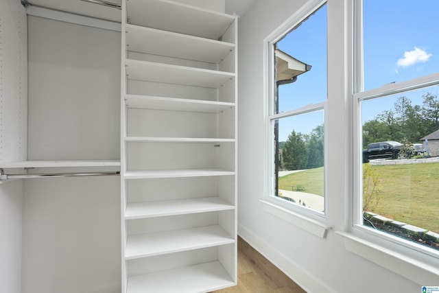walk in closet with light wood-style floors