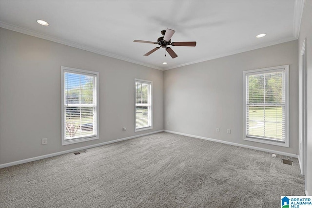 88 Glen Trce, Springville, AL 35146 - carpeted empty room featuring visible vents, baseboards, ornamental molding, and a ceiling fan