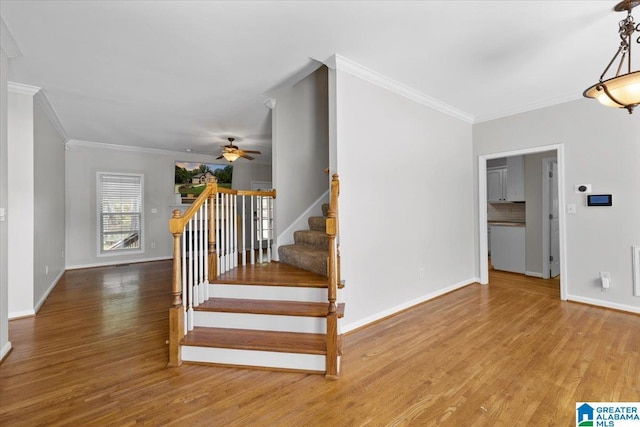 88 Glen Trce, Springville, AL 35146 - stairs featuring a ceiling fan, crown molding, and wood finished floors