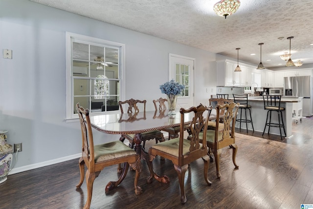 dining space with dark wood-style flooring, baseboards, recessed lighting, a textured ceiling, and ceiling fan