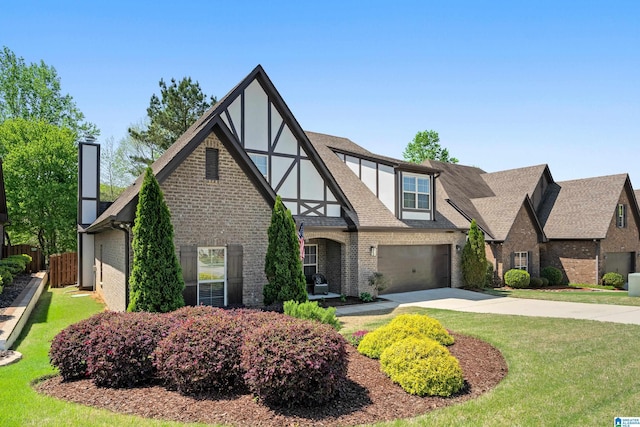 tudor-style house featuring roof with shingles, fence, a front lawn, brick siding, and concrete driveway