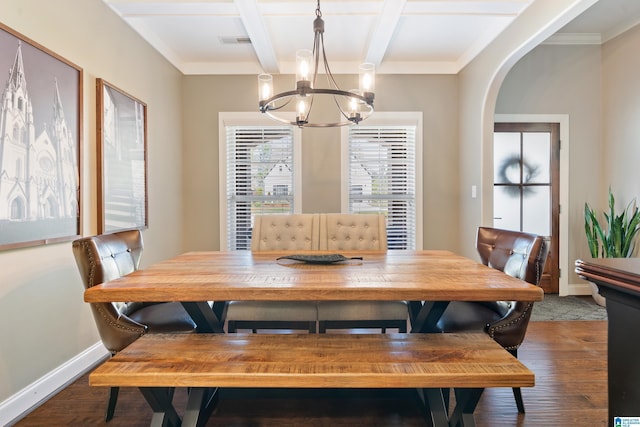 dining area with visible vents, baseboards, a notable chandelier, dark wood-type flooring, and coffered ceiling