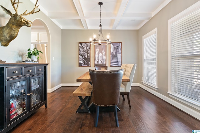 dining room with coffered ceiling, a chandelier, baseboards, and dark wood finished floors