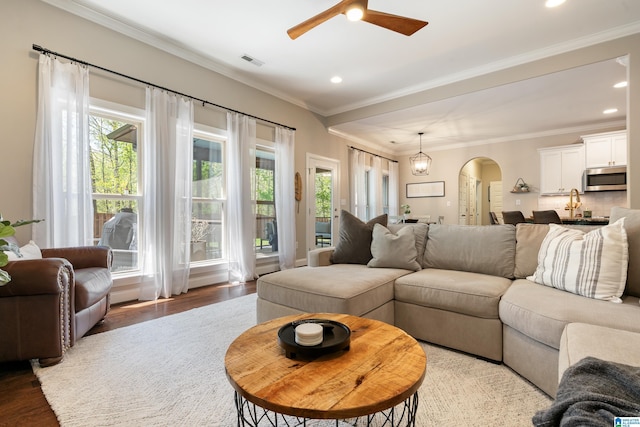 living room featuring arched walkways, light wood finished floors, ceiling fan, and a healthy amount of sunlight