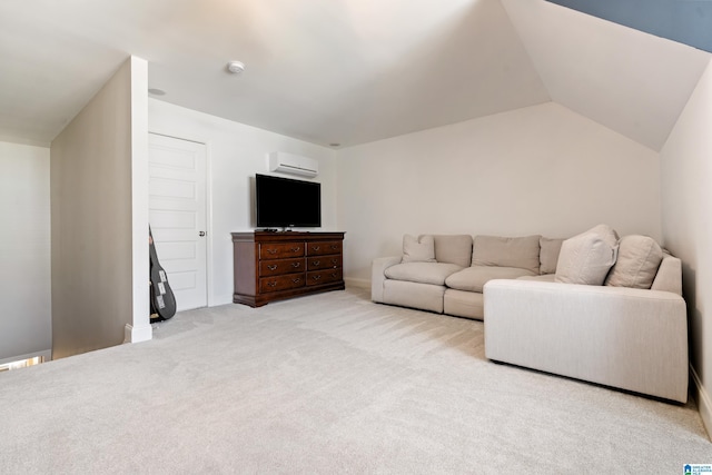 carpeted living area featuring a wall mounted air conditioner and vaulted ceiling