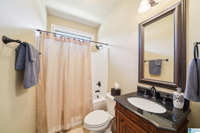 full bath featuring shower / bath combination with curtain, toilet, and vanity