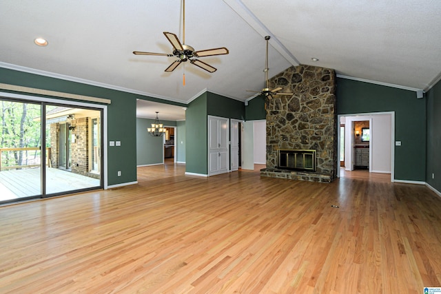 5000 Cameron Rd, Birmingham, AL 35242 - unfurnished living room with lofted ceiling with beams, ceiling fan with notable chandelier, wood finished floors, crown molding, and a fireplace