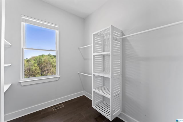 spacious closet featuring wood finished floors and visible vents