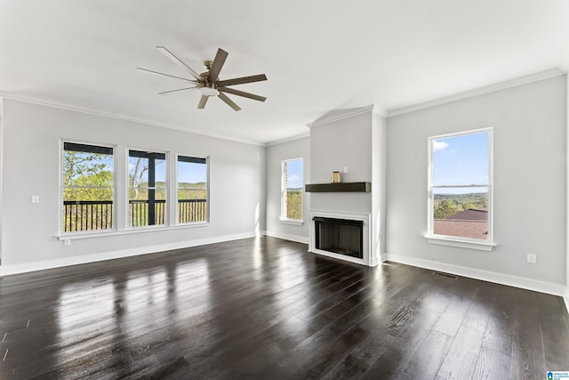 unfurnished living room with visible vents, baseboards, a ceiling fan, and dark wood-style floors