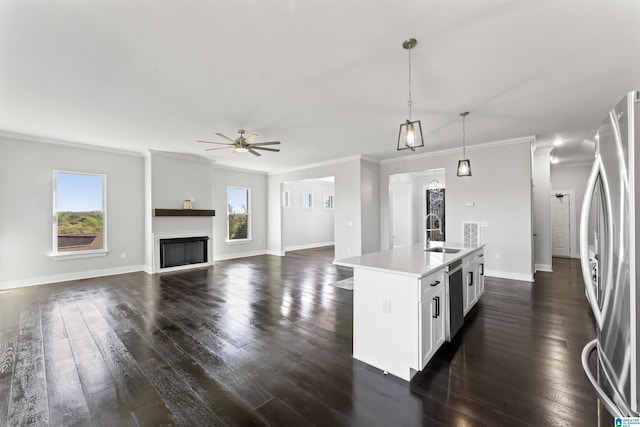 kitchen featuring dark wood finished floors, ceiling fan, a sink, and appliances with stainless steel finishes
