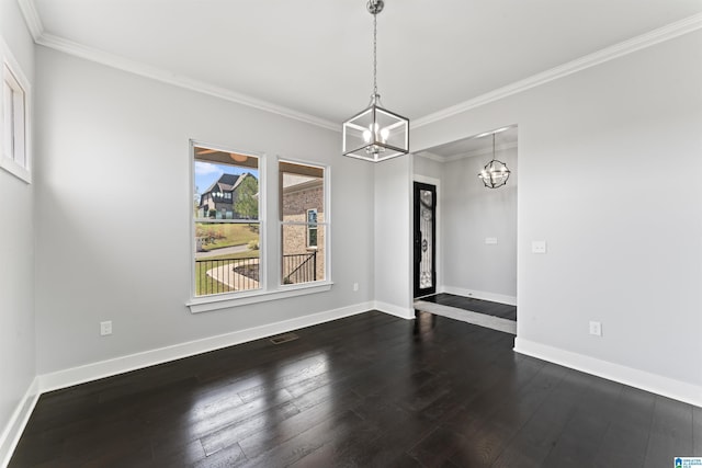 unfurnished dining area featuring a notable chandelier, baseboards, and dark wood finished floors