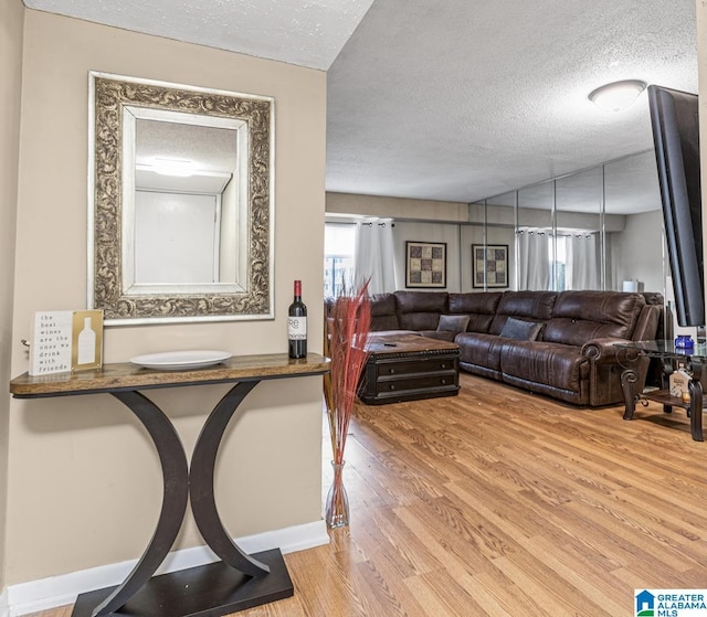 living room featuring a textured ceiling, baseboards, and wood finished floors