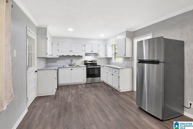 6616 4th Ave S, Birmingham, AL 35212 - kitchen featuring white cabinets, a sink, appliances with stainless steel finishes, dark wood-style floors, and crown molding
