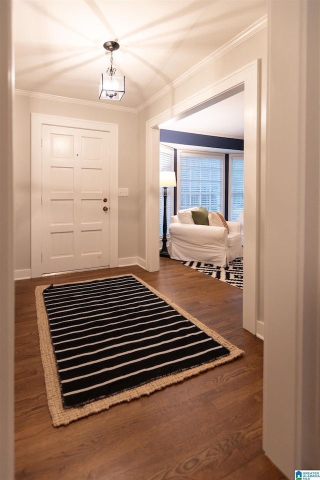 foyer entrance with wood finished floors, baseboards, and ornamental molding