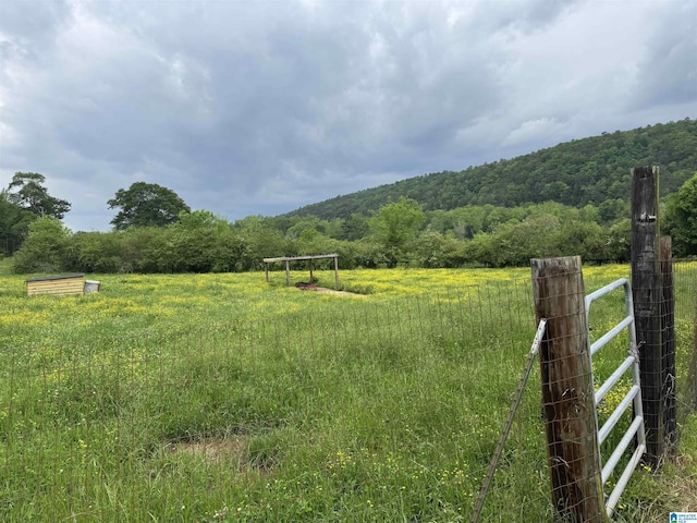 view of yard featuring fence, a rural view, and a view of trees