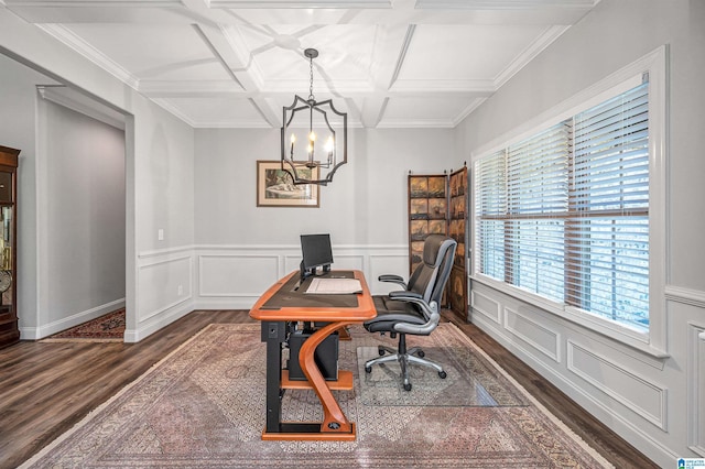 office area with a notable chandelier, beam ceiling, wainscoting, dark wood-type flooring, and coffered ceiling