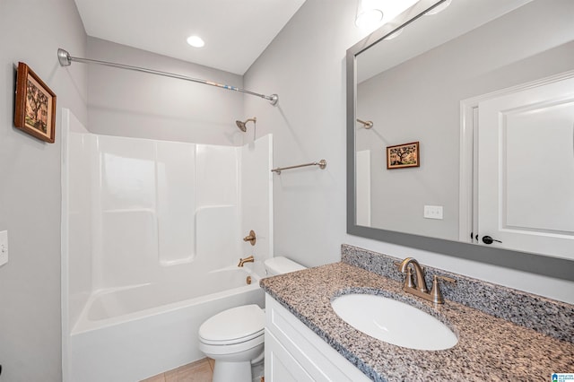 full bath featuring toilet, vanity,  shower combination, and recessed lighting