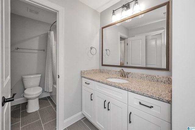 full bathroom featuring visible vents, baseboards, toilet, vanity, and tile patterned flooring