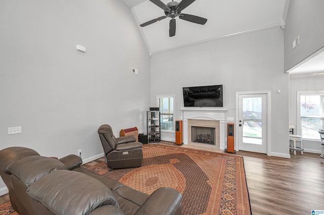 living area featuring high vaulted ceiling, a fireplace, crown molding, and wood finished floors