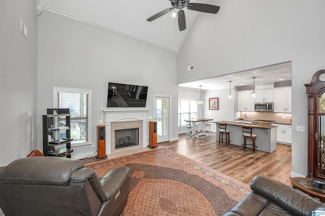 living area with crown molding, a wealth of natural light, high vaulted ceiling, and a ceiling fan