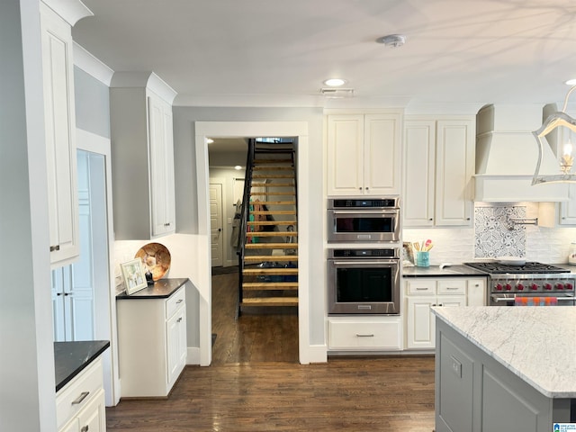 672 Kent Dairy Rd, Alabaster, AL 35007 - kitchen featuring custom exhaust hood, decorative backsplash, dark wood-type flooring, and stainless steel appliances