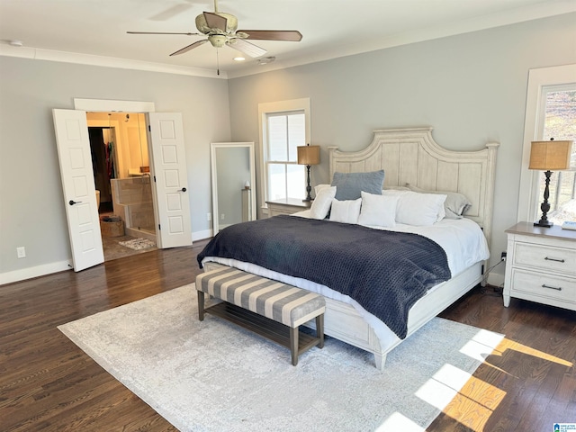 672 Kent Dairy Rd, Alabaster, AL 35007 - bedroom with crown molding, ceiling fan, recessed lighting, dark wood-style flooring, and baseboards