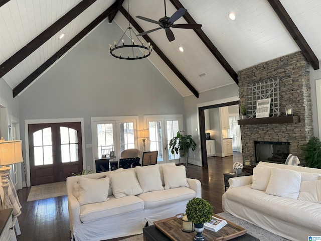 672 Kent Dairy Rd, Alabaster, AL 35007 - living room with french doors, beam ceiling, high vaulted ceiling, and dark wood-style floors