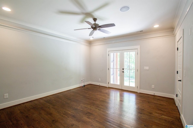 672 Kent Dairy Rd, Alabaster, AL 35007 - unfurnished room featuring french doors, baseboards, a ceiling fan, dark wood-type flooring, and ornamental molding