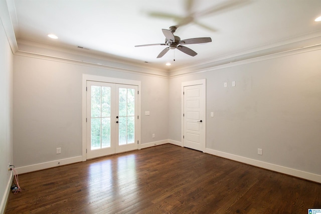 672 Kent Dairy Rd, Alabaster, AL 35007 - empty room featuring french doors, baseboards, a ceiling fan, dark wood-type flooring, and ornamental molding