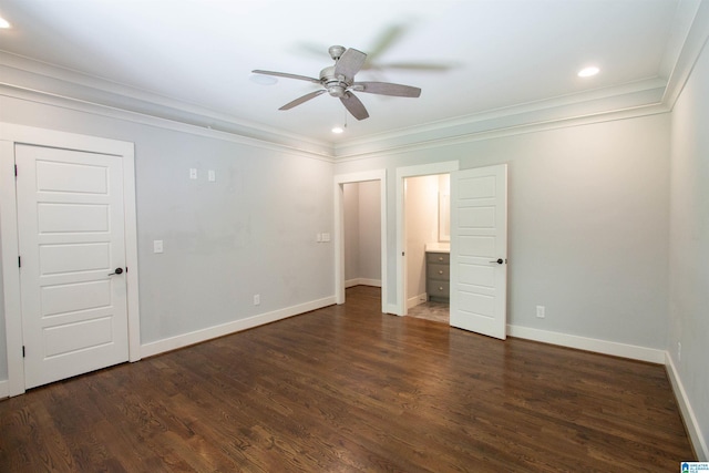 672 Kent Dairy Rd, Alabaster, AL 35007 - unfurnished bedroom featuring baseboards, recessed lighting, wood finished floors, crown molding, and ensuite bath