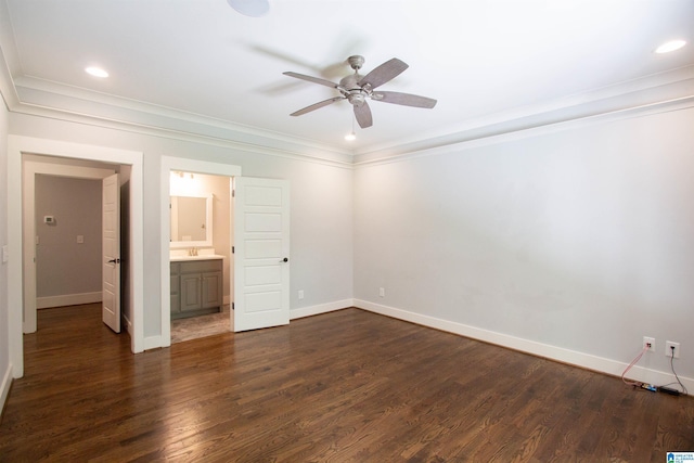 672 Kent Dairy Rd, Alabaster, AL 35007 - unfurnished bedroom with dark wood-style floors, a sink, baseboards, recessed lighting, and crown molding