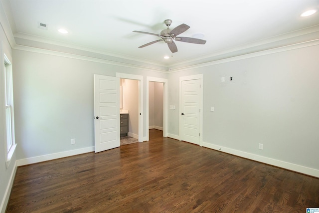 672 Kent Dairy Rd, Alabaster, AL 35007 - unfurnished bedroom with visible vents, baseboards, a ceiling fan, dark wood-type flooring, and ornamental molding