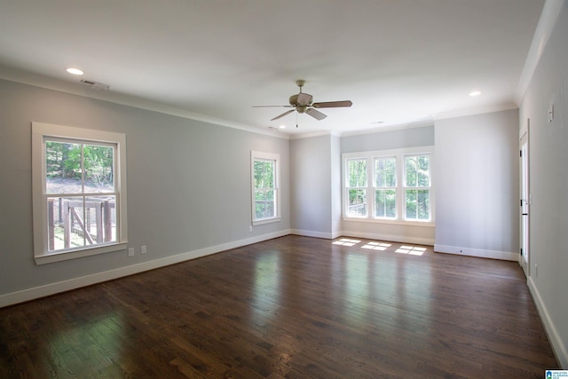 672 Kent Dairy Rd, Alabaster, AL 35007 - unfurnished room featuring baseboards, visible vents, a ceiling fan, crown molding, and dark wood-type flooring