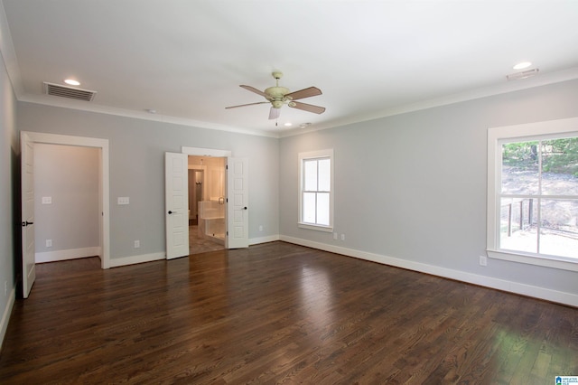 672 Kent Dairy Rd, Alabaster, AL 35007 - unfurnished bedroom featuring baseboards, visible vents, dark wood-style floors, and crown molding