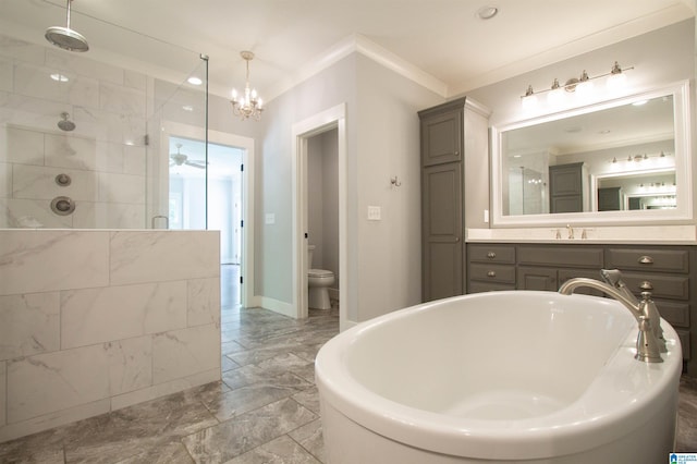 672 Kent Dairy Rd, Alabaster, AL 35007 - bathroom with a freestanding bath, toilet, walk in shower, and crown molding