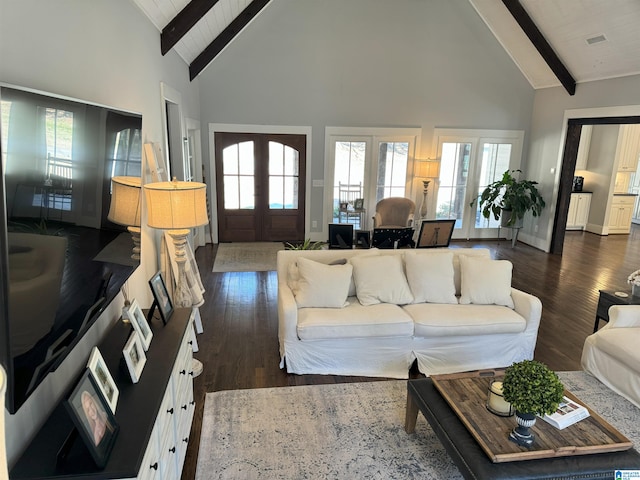 672 Kent Dairy Rd, Alabaster, AL 35007 - living area featuring french doors, dark wood-type flooring, visible vents, beamed ceiling, and high vaulted ceiling