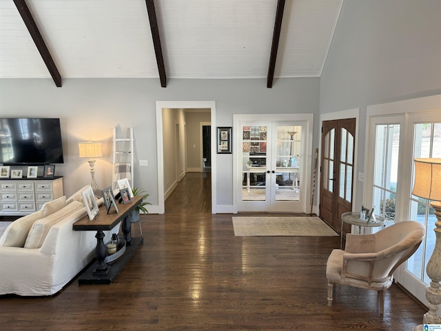 672 Kent Dairy Rd, Alabaster, AL 35007 - living area with french doors, baseboards, vaulted ceiling with beams, and wood finished floors