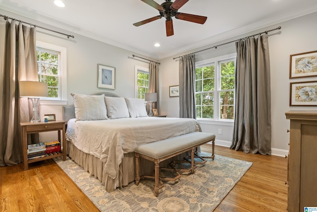 1119 Crest Ave, Homewood, AL 35209 - bedroom featuring ceiling fan, light wood-type flooring, ornamental molding, recessed lighting, and baseboards