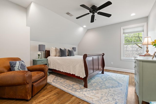 1119 Crest Ave, Homewood, AL 35209 - bedroom featuring visible vents, baseboards, light wood finished floors, recessed lighting, and lofted ceiling