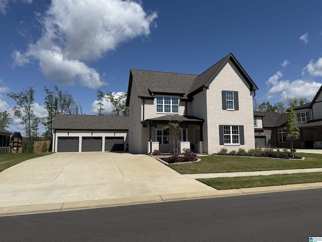 view of front facade featuring a garage, driveway, and a front lawn