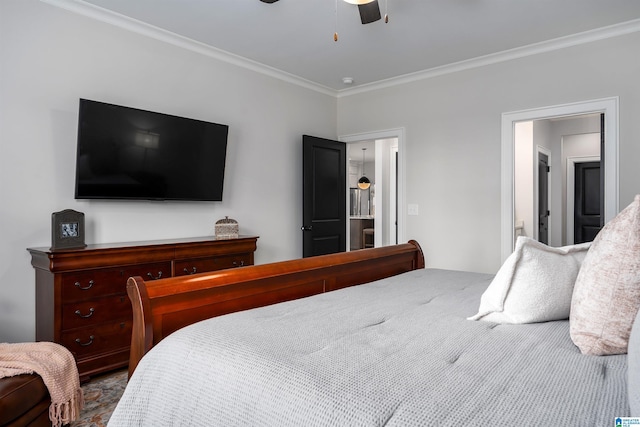 bedroom featuring crown molding and ceiling fan