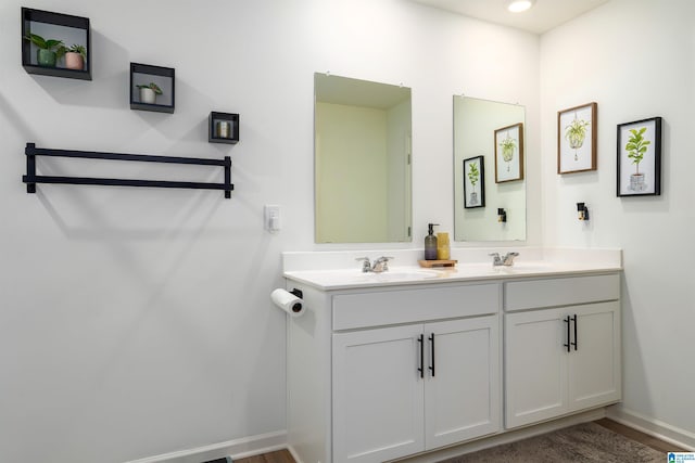 bathroom featuring double vanity, baseboards, a sink, and wood finished floors