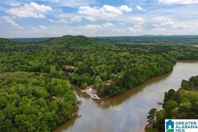 aerial view with a wooded view and a water view