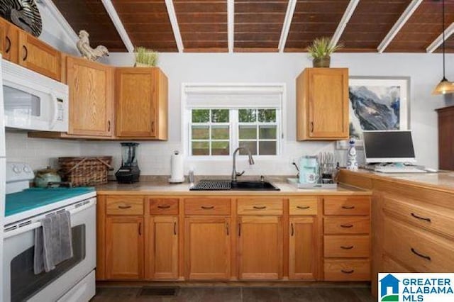 kitchen with light countertops, a sink, white appliances, wood ceiling, and lofted ceiling with beams