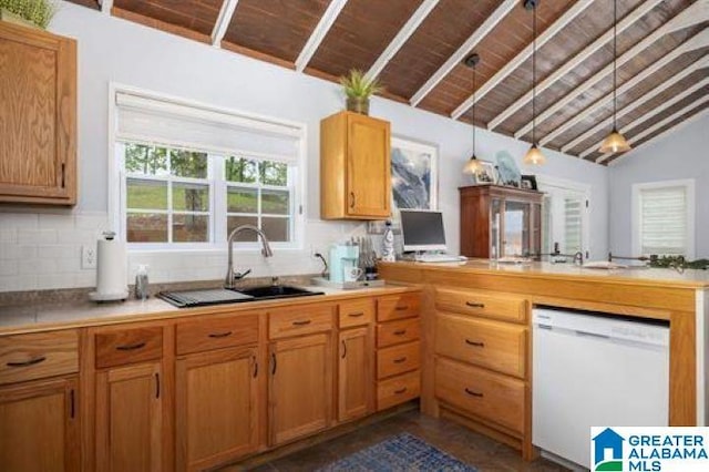 kitchen with dishwasher, lofted ceiling with beams, a peninsula, and wood ceiling