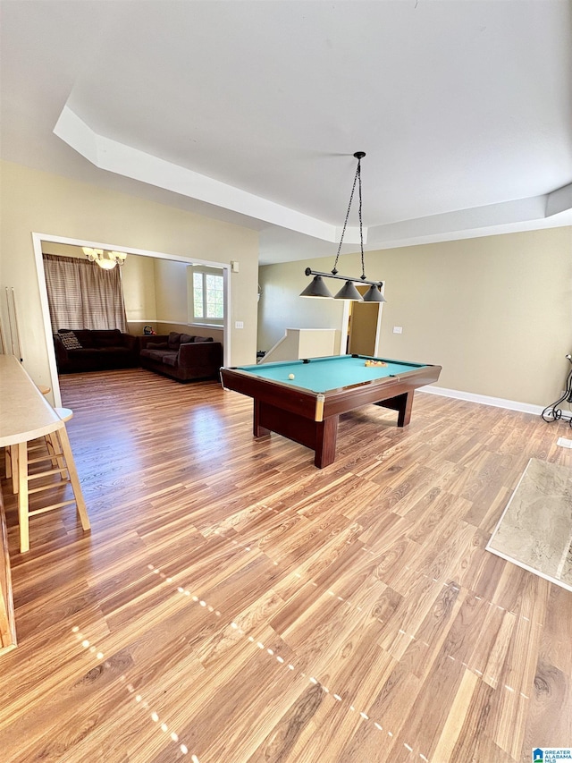 rec room featuring pool table, light wood-style flooring, and baseboards